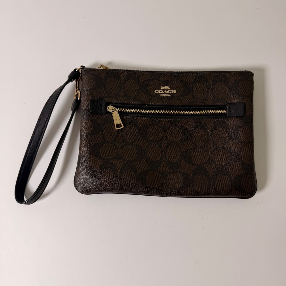 Coach Signature Canvas Wristlet Brown Black Monogram Zip Clutch - Picture 2 of 9